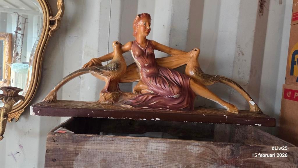Vintage Art Deco Beeldje Dame met Vogels, Ophalen of Verzenden