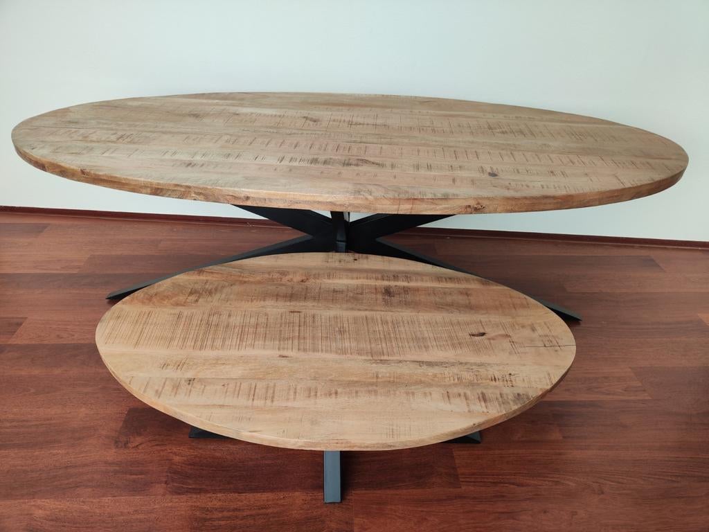 SET:Eettafel Mansour Ovaal Mangohout 220cm +salontafel 120cm, Ophalen, 100 tot 150 cm, 200 cm of meer, Zo goed als nieuw
