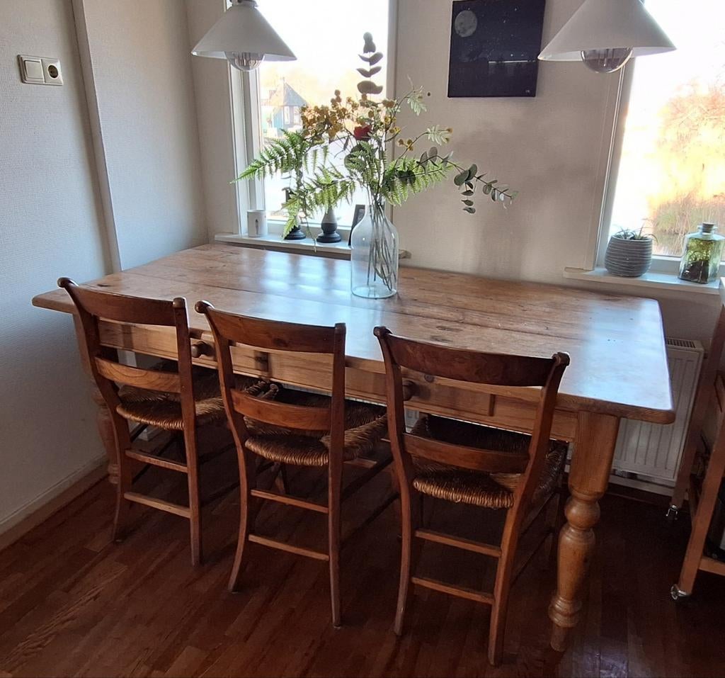 Eetkamertafel met 6 Biedermeier stoelen, Ophalen, 100 tot 150 cm, 150 tot 200 cm, Rechthoekig