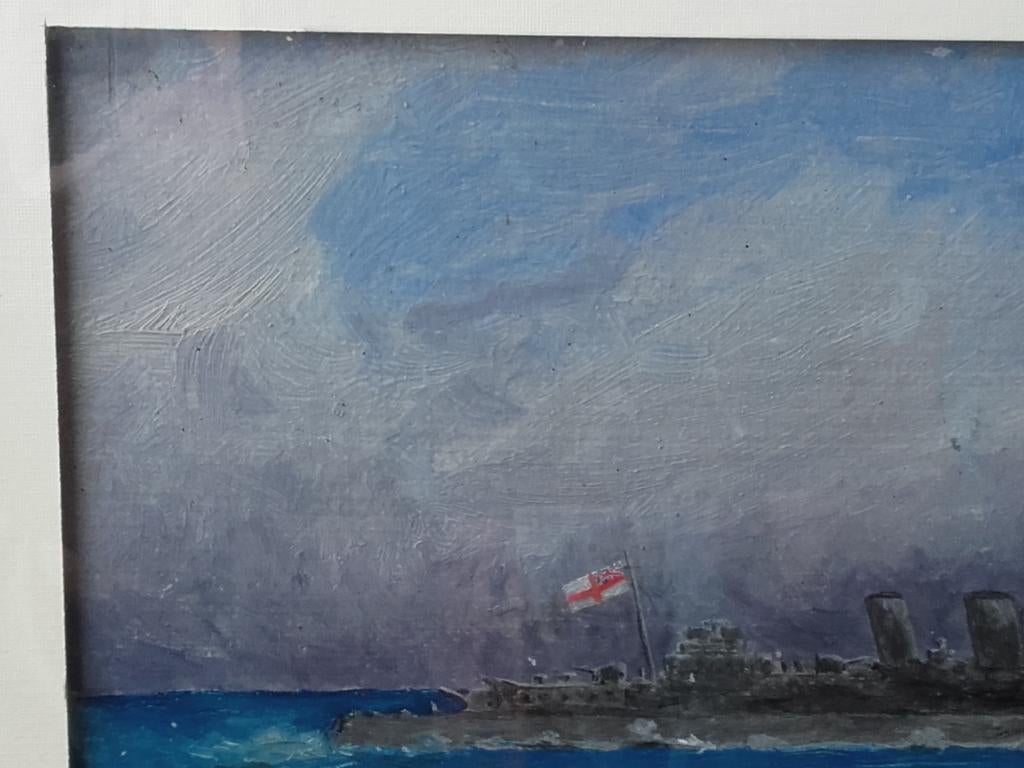 Mooi oud Engels ingelijst schilderij met een oorlogsschip., Ophalen of Verzenden