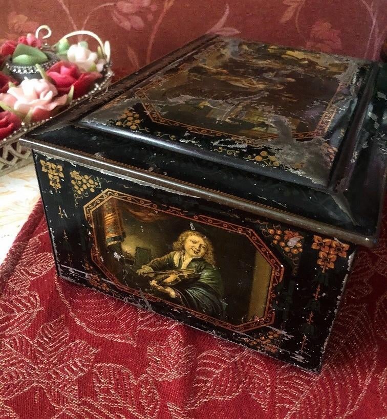 Antieke koek blik met oude kunst; schilderijen, Ophalen of Verzenden, Gebruikt, Overige