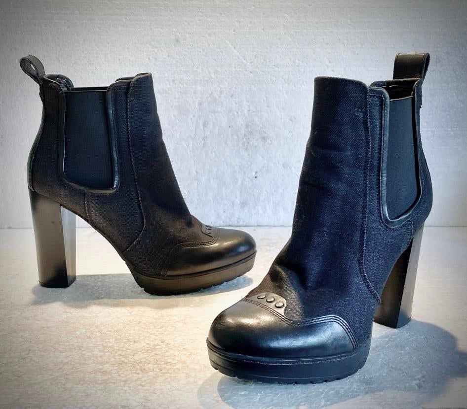 G Star Raw design hakken / enkel laarzen leer + denim 38, Zwart, Ophalen of Verzenden, Zo goed als nieuw, Schoenen met hoge hakken