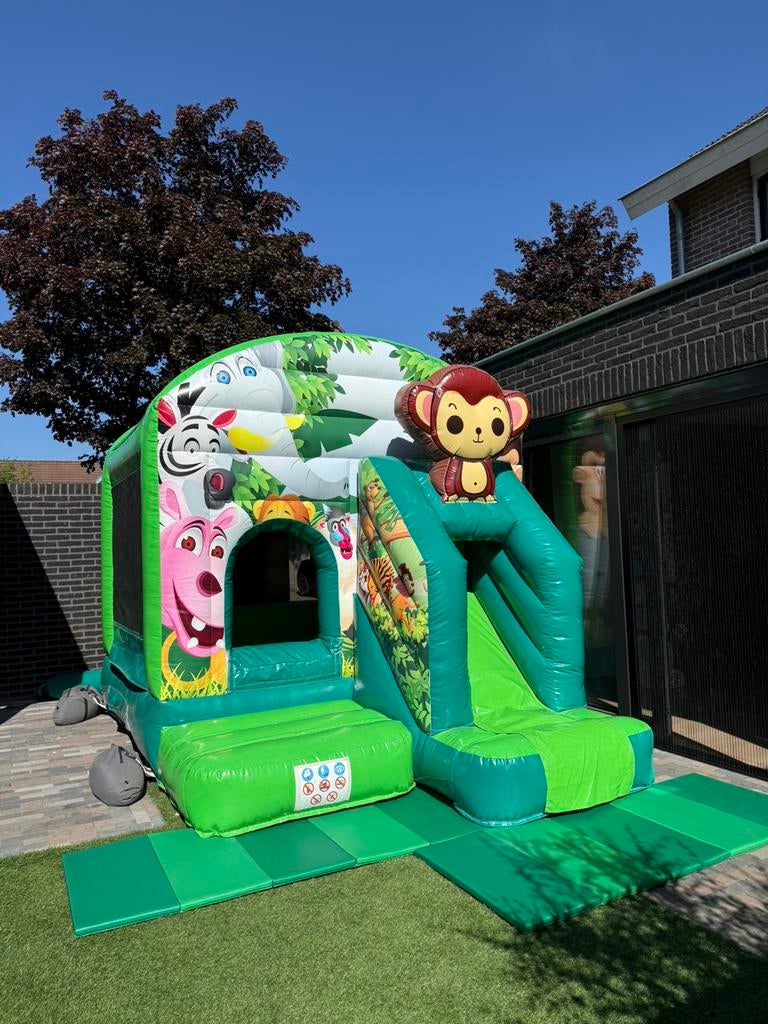 Jungle / dieren Springkussen met glijbaan huren / te huur, Ophalen of Verzenden, Nieuw, Overige