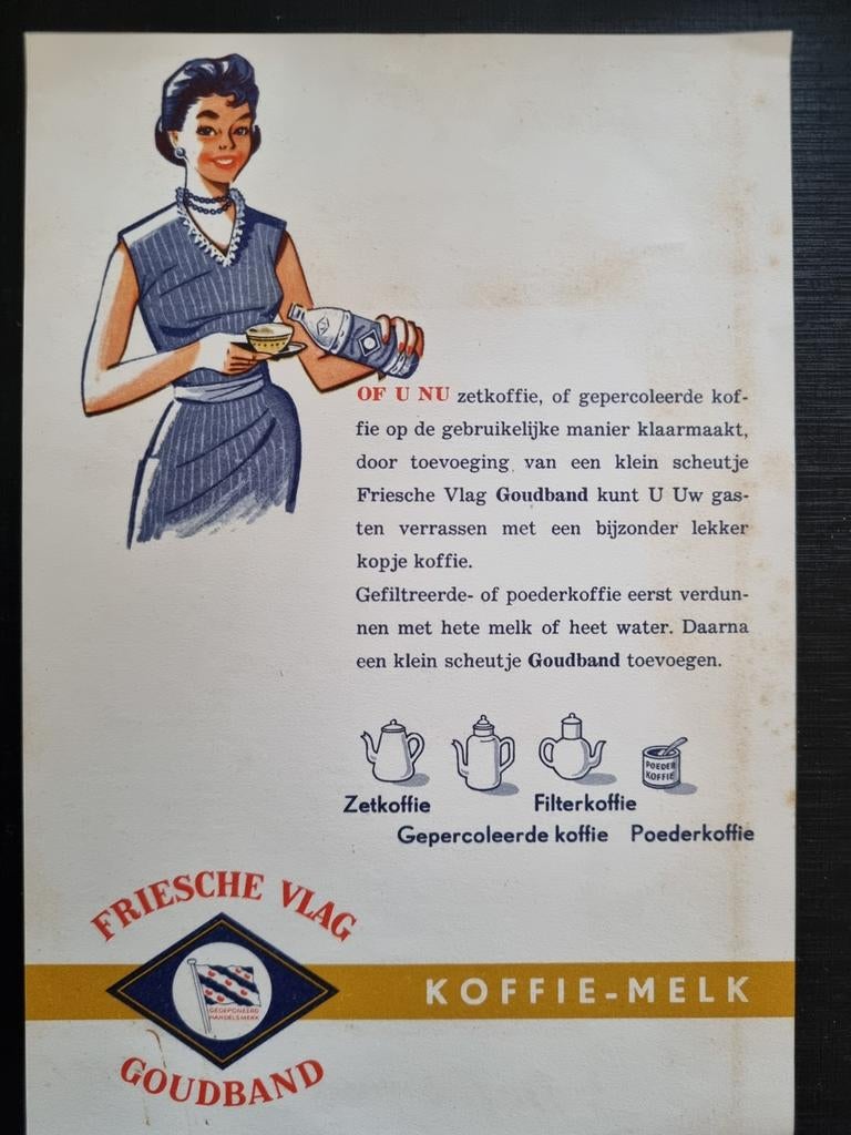 Oud reclame foldertje van Friesche Vlag Goudband koffiemelk, Ophalen of Verzenden, Gelezen, Folder