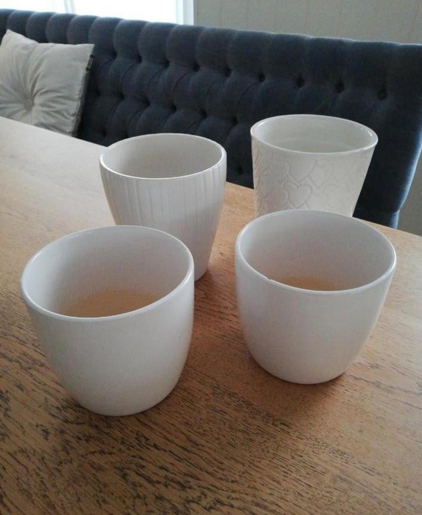 5 Nieuwe witte bloempotten, Kunststof, Rond, Nieuw, Ophalen of Verzenden