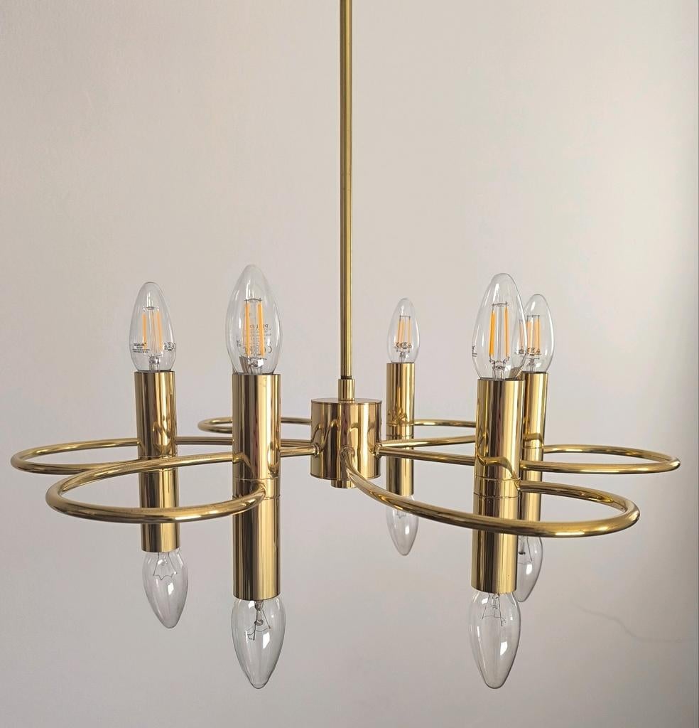 Mid Century Modern Gaetano Sciolari Kroonluchter 70s messing, Huis en Inrichting, Lampen | Kroonluchters, Gebruikt, Metaal, Ophalen