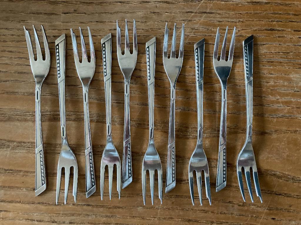 10 Vintage Sola A 90 verzilverde gebaksvorkjes - model 82, Ophalen of Verzenden