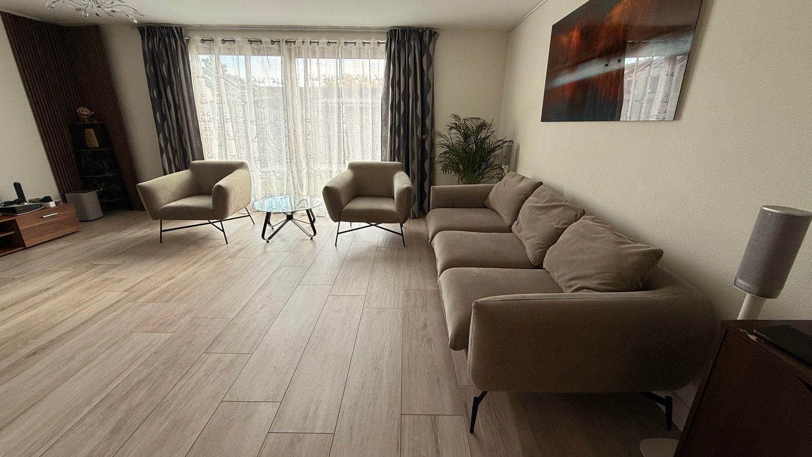 Modern 3-Seater Sofa with 2 Matching Armchairs – Beige/Taupe, Ophalen, Driepersoons, 75 tot 100 cm, Zo goed als nieuw