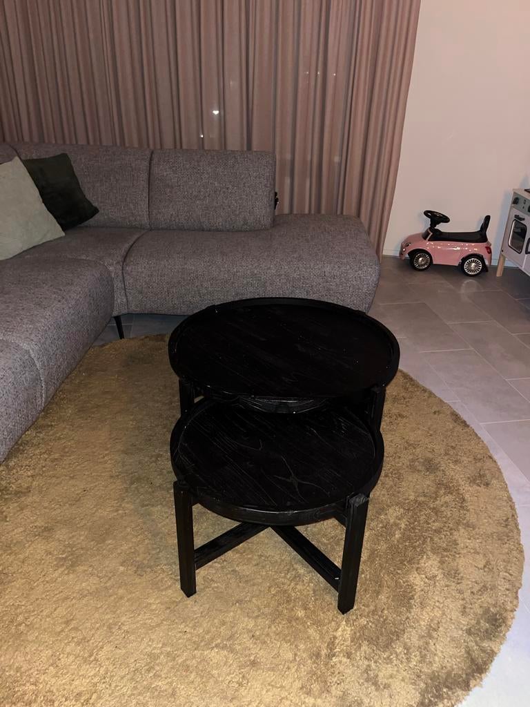 Salontafel set Pronto Wonen - Zwart hout, gebruikerssporen, Gebruikt, Rond, Minder dan 50 cm, Overige houtsoorten