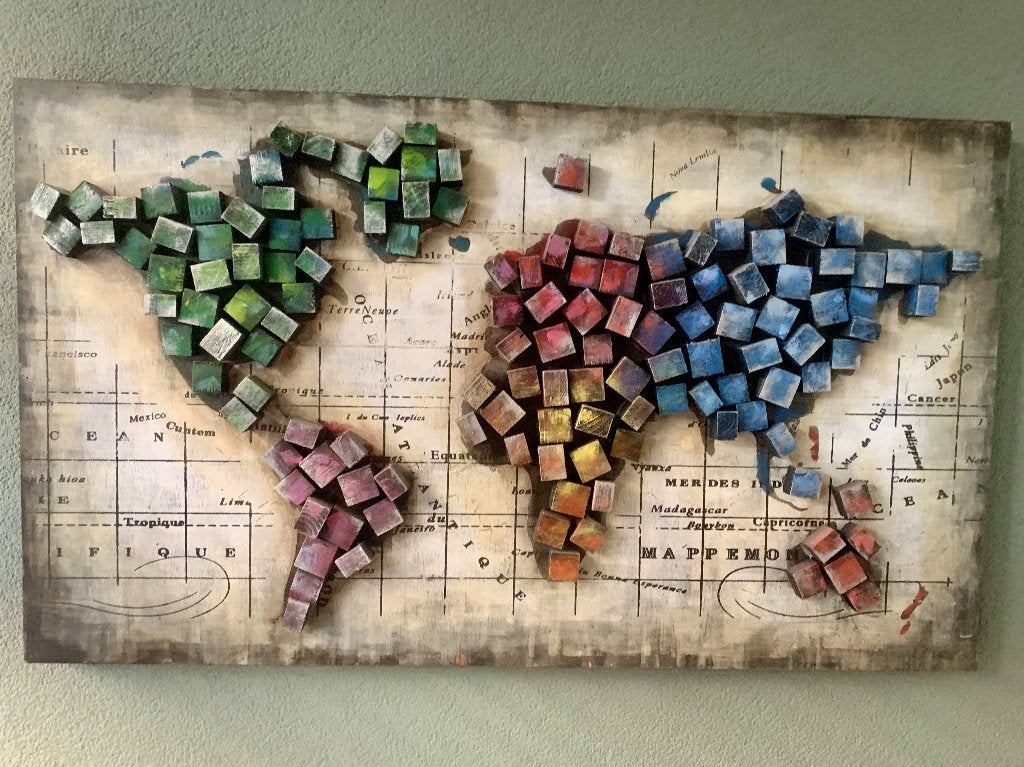 Te koop: uniek schilderij wereldkaart (120x70cm)!, Ophalen, Hout, Landschap