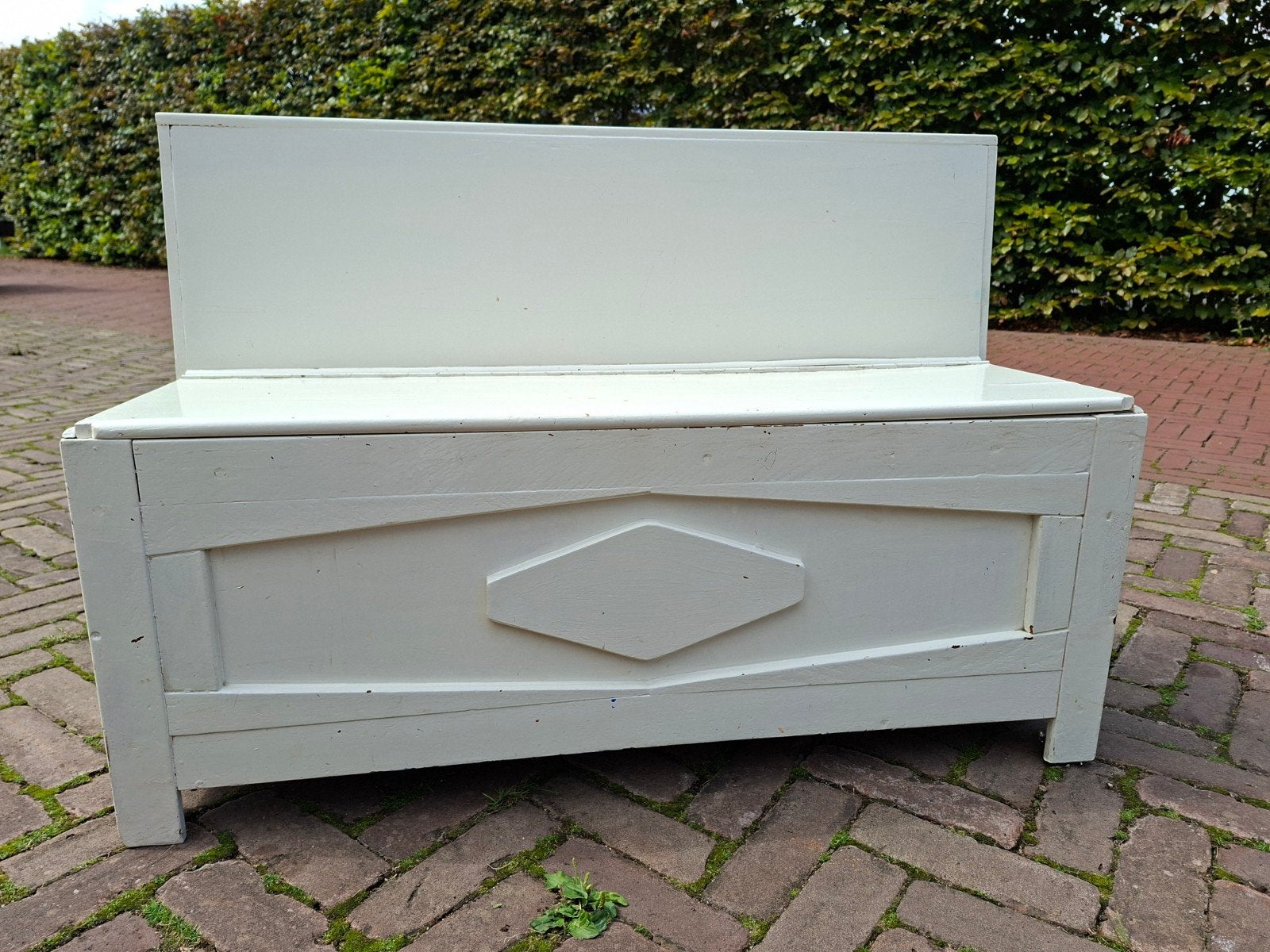 Vintage houten bankje met opbergruimte - Crèmewit, Ophalen