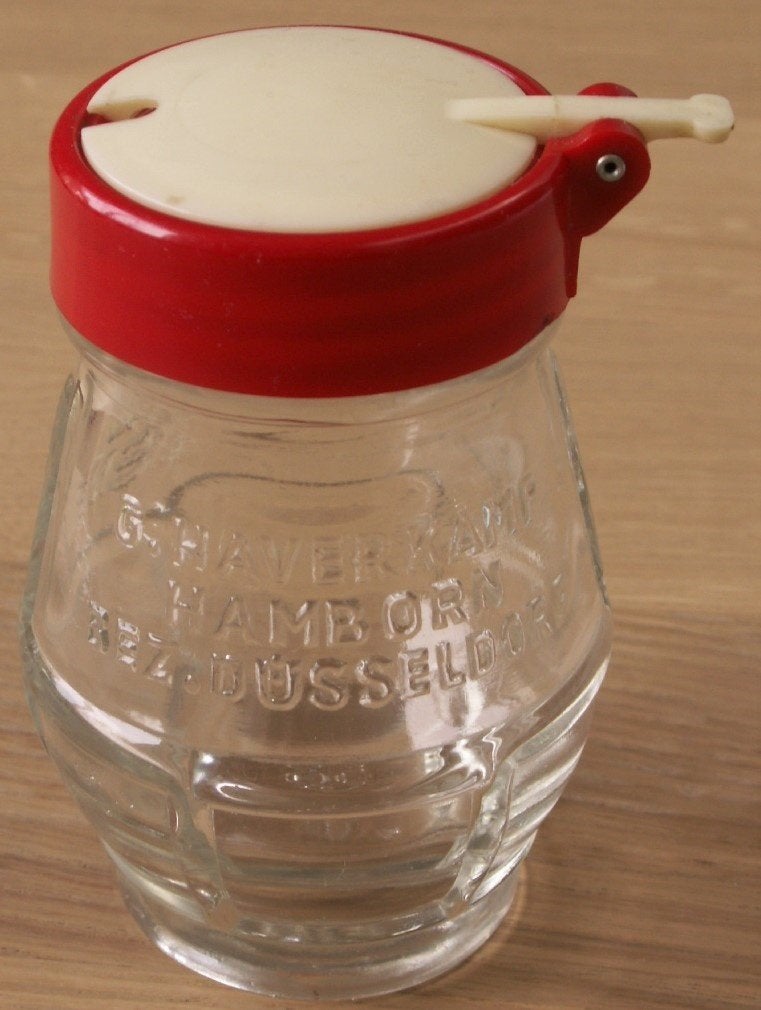 Vintage glazen mosterd potje kunststof openklapbaar deksel, Ophalen of Verzenden