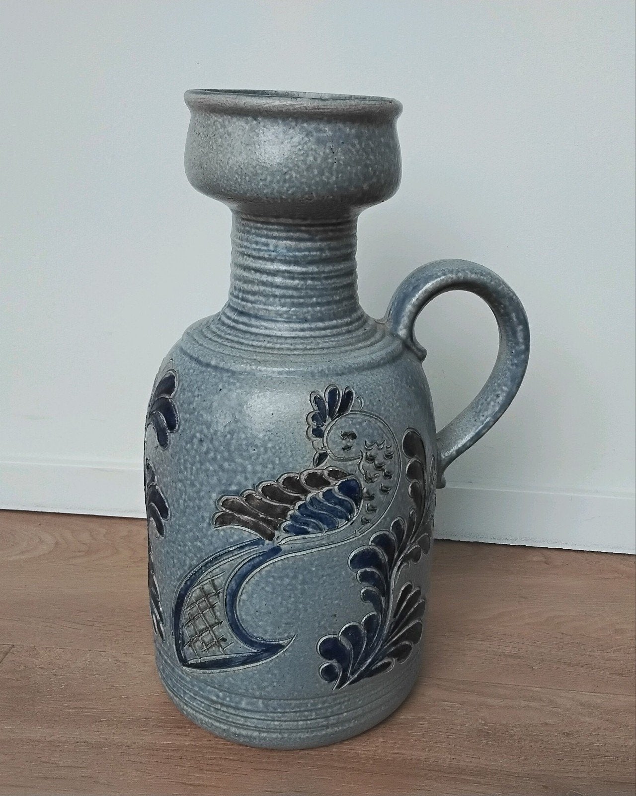 Vintage (West Germany) vaas met oor, 35cm hoog, Huis en Inrichting, Woonaccessoires | Vazen, Gebruikt, Blauw, Ophalen of Verzenden