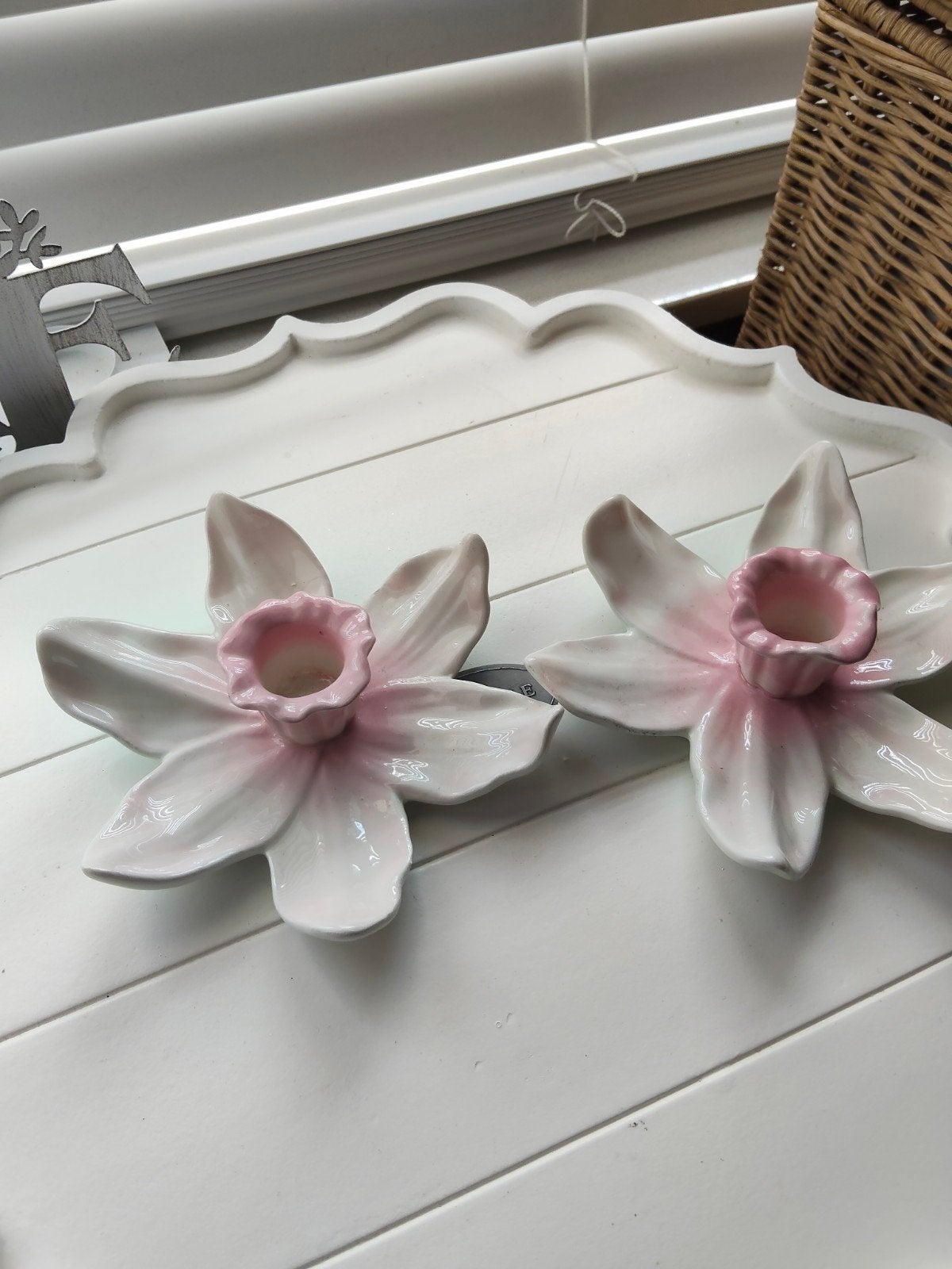 2 stenen bloem kandelaars, Ophalen of Verzenden, Zo goed als nieuw, Roze