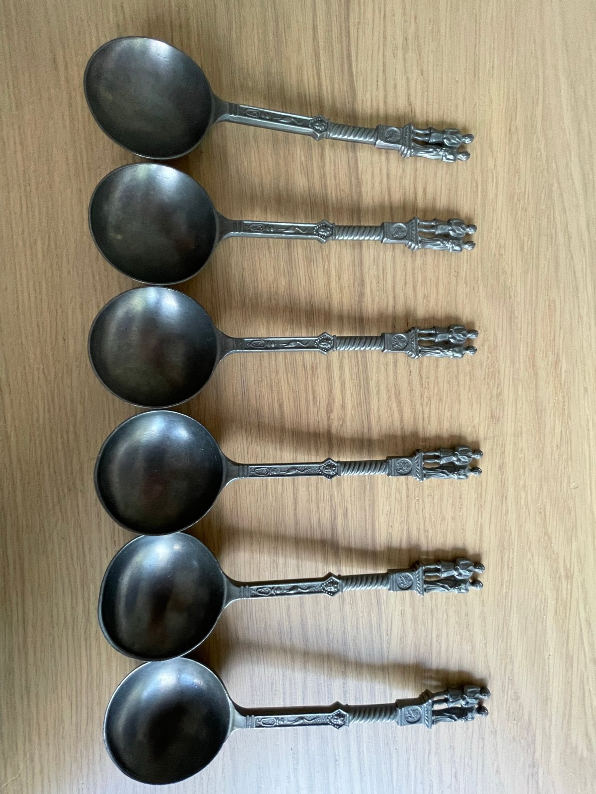 Set van 6 antieke tinnen lepels met figuren, Ophalen of Verzenden