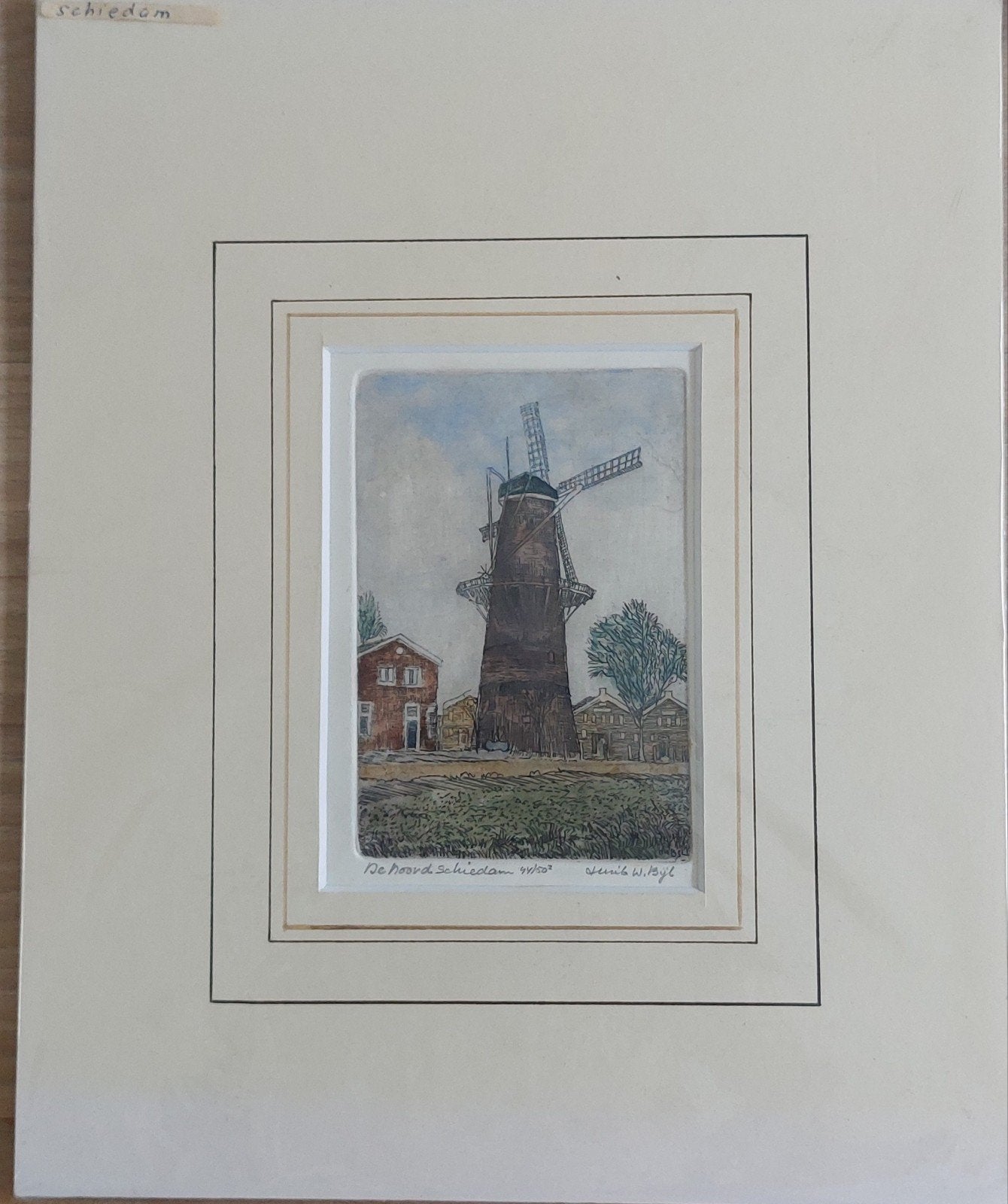 Genummerde ets Schiedamse molen De Noord van Huib W Bijl, Ophalen of Verzenden
