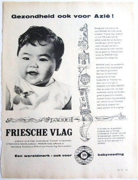 3 vintage advertenties Friesche Vlag 1960 babyvoeding baby, Ophalen of Verzenden, Gebruikt, Gebruiksvoorwerp