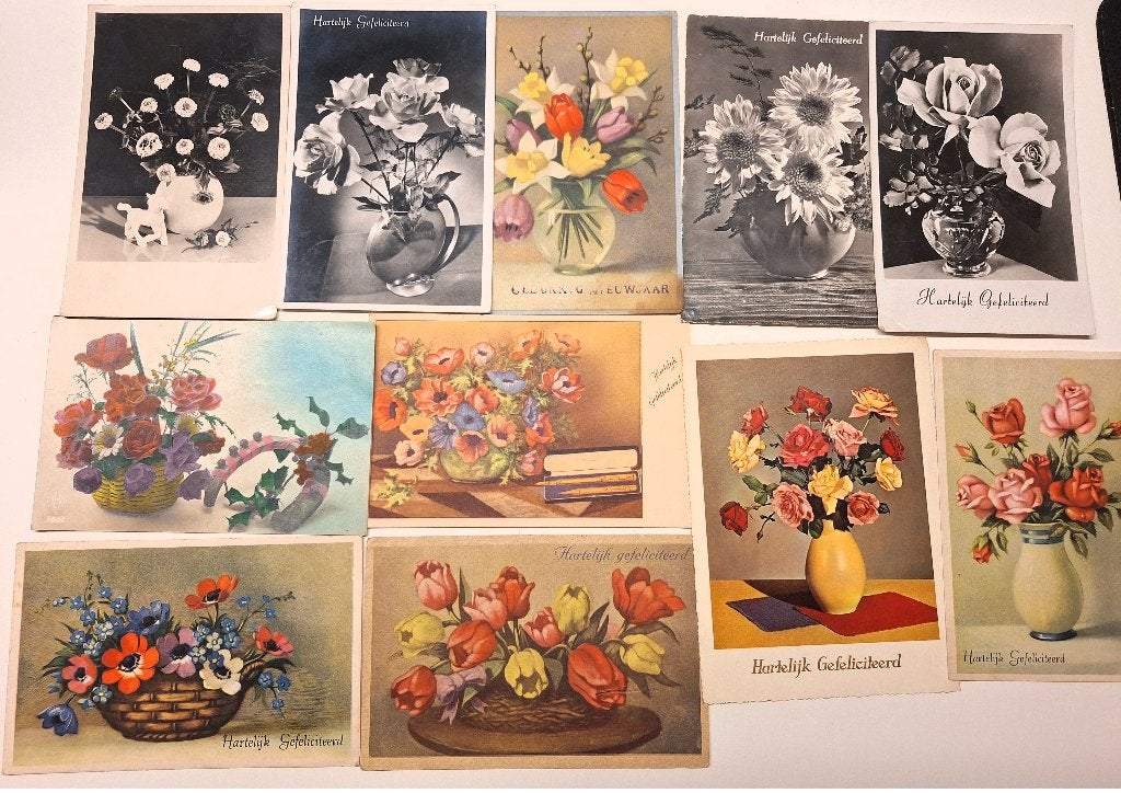 11 kaarten met bloemen/planten jaren 1940/50, Verzamelen, Ophalen of Verzenden, 1940 tot 1960, Gelopen, Overige thema's