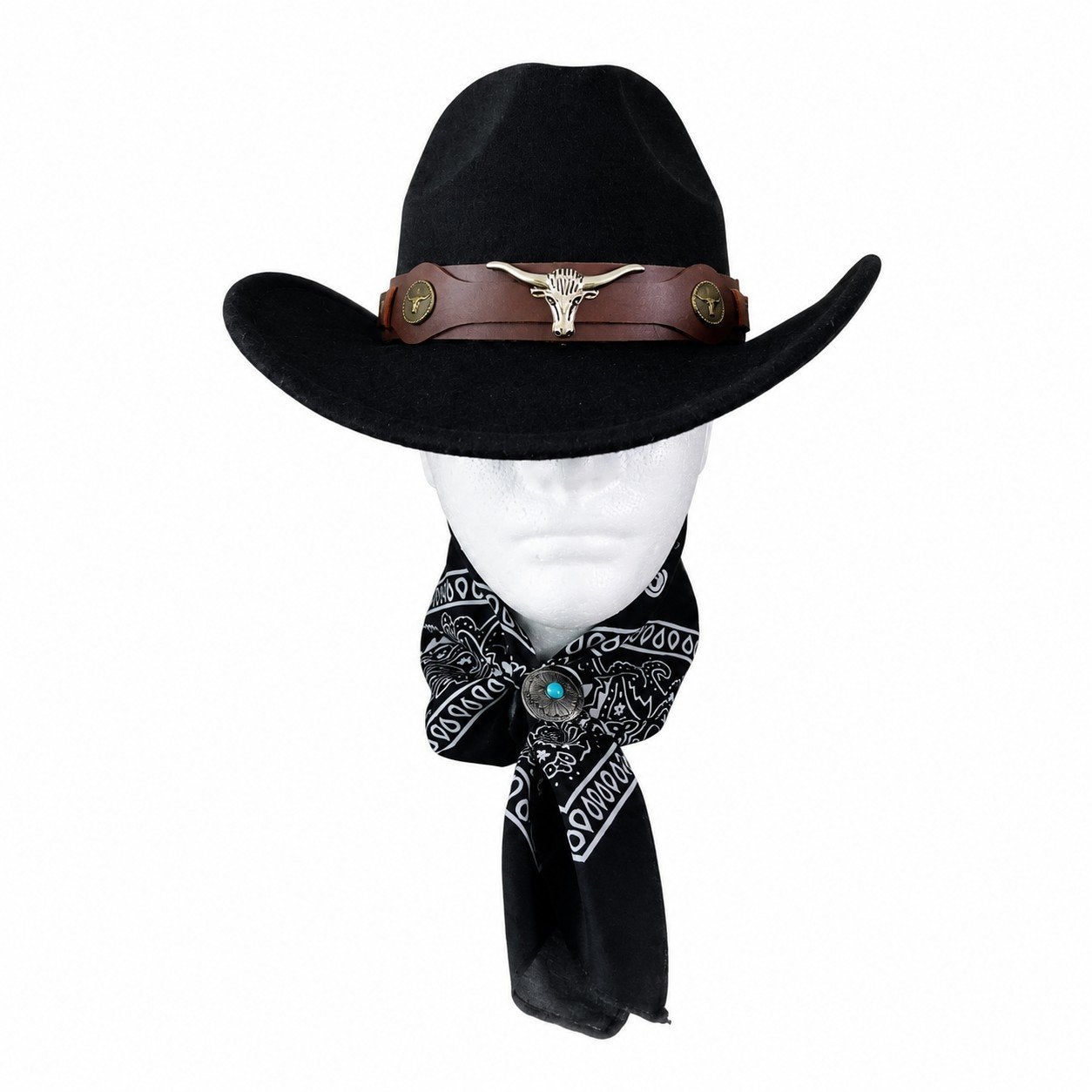 Zwarte Cowboyhoed met Stierenkop en Turquoise Detail, Onbekend, Hoed, Zo goed als nieuw, One size fits all