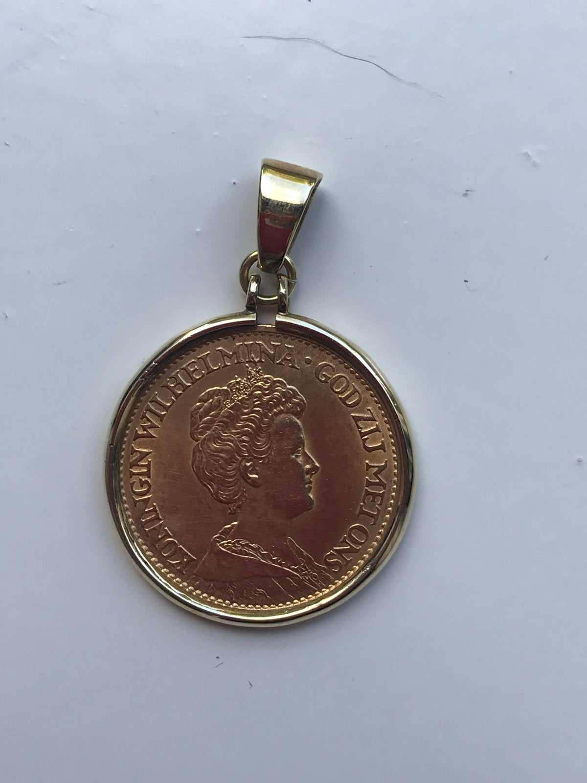 Gouden munt hanger Wilhelmina 10 Gulden 1912, Ophalen of Verzenden, Dame of Heer, Goud, Goud
