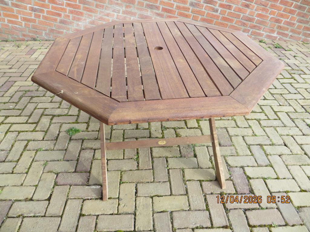 teakhouten tuintafel, klaptafel, achthoekig, Tuin en Terras, Ophalen of Verzenden, Zo goed als nieuw, Rond, Teakhout
