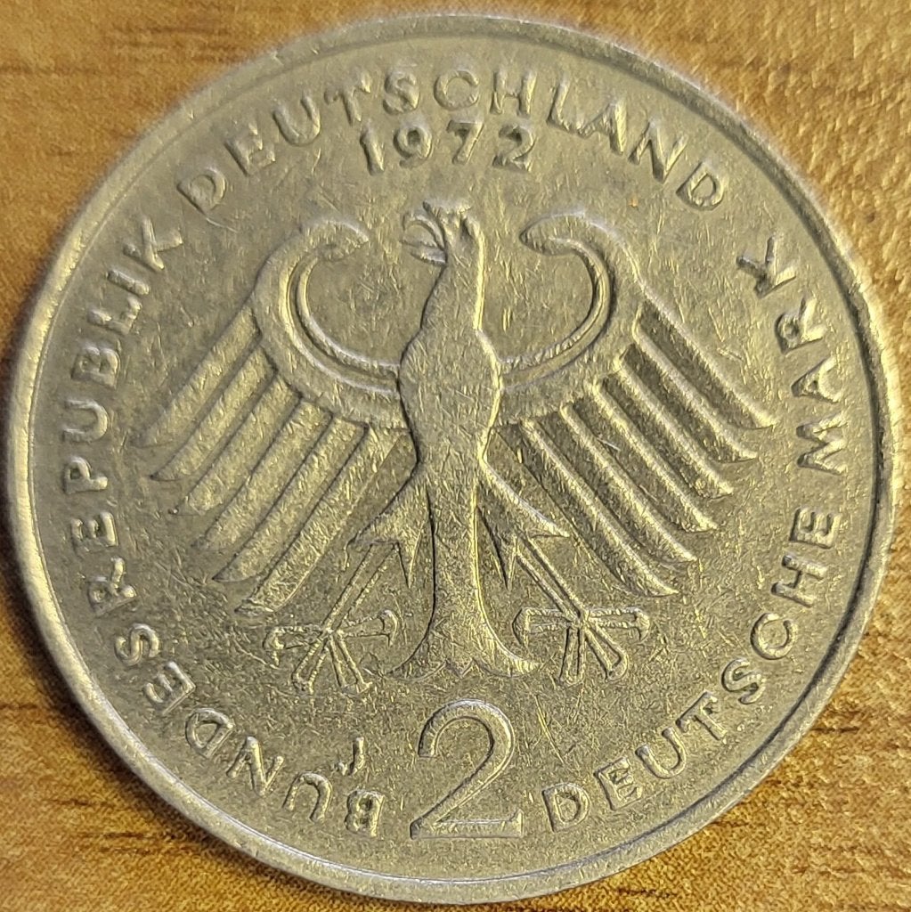 DUITSLAND 2 mark 1972 J Hamburg Theodor Heuss KM#A127 VF., Ophalen of Verzenden, Duitsland, Losse munt
