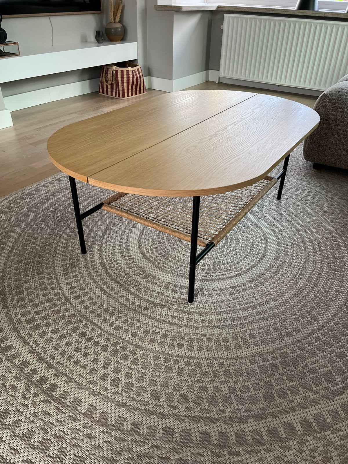 Ovale salontafel met houten blad en metalen onderstel, Ophalen, Gebruikt, 100 tot 150 cm, Eikenhout