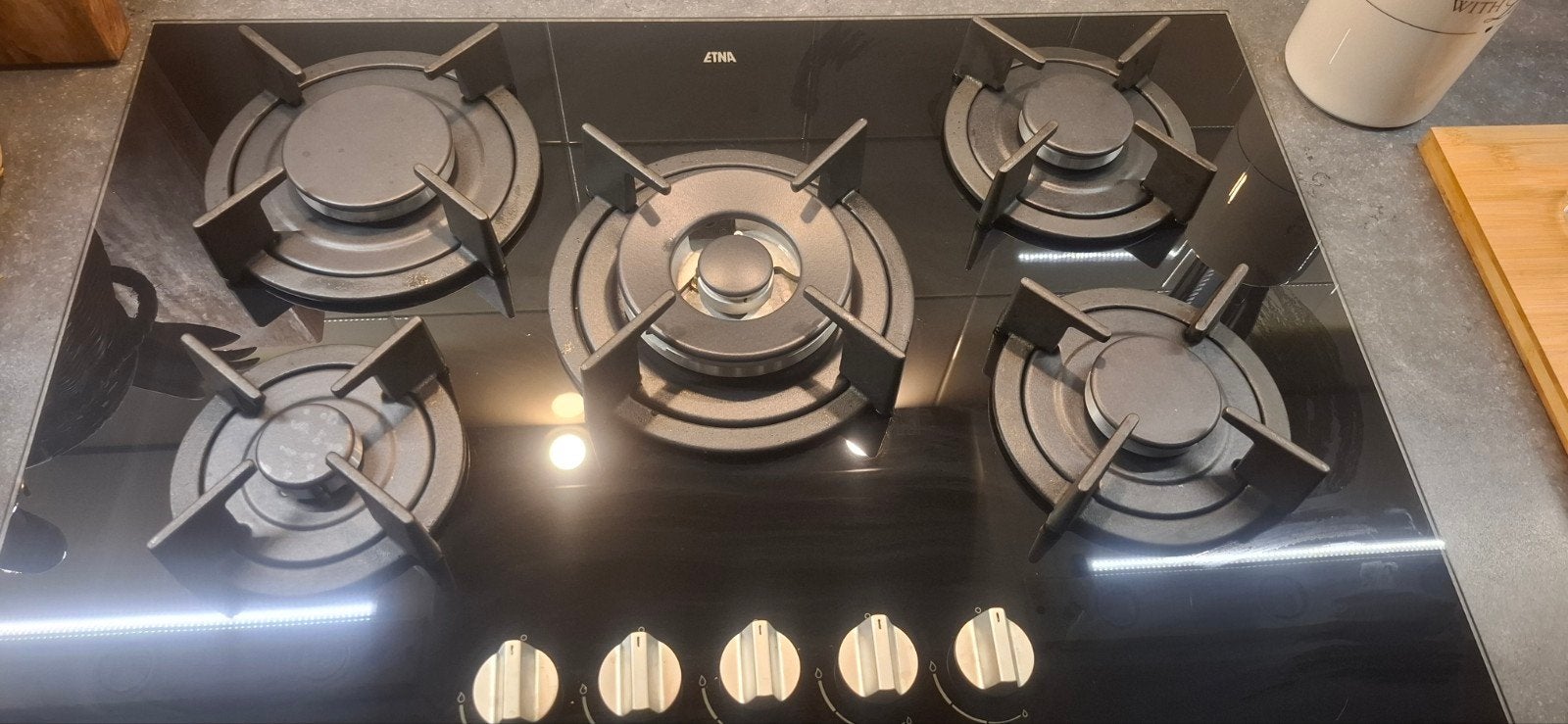 Stijlvolle glazen gaskookplaat met 5 branders, Gebruikt, Ophalen of Verzenden, Inbouw, Gas