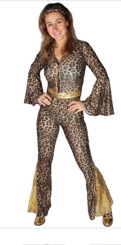 Disco Catsuit Panterprint met Gouden Glitters - Maat S, Overige kleuren, Ophalen of Verzenden, Zo goed als nieuw, Maat 36 (S)
