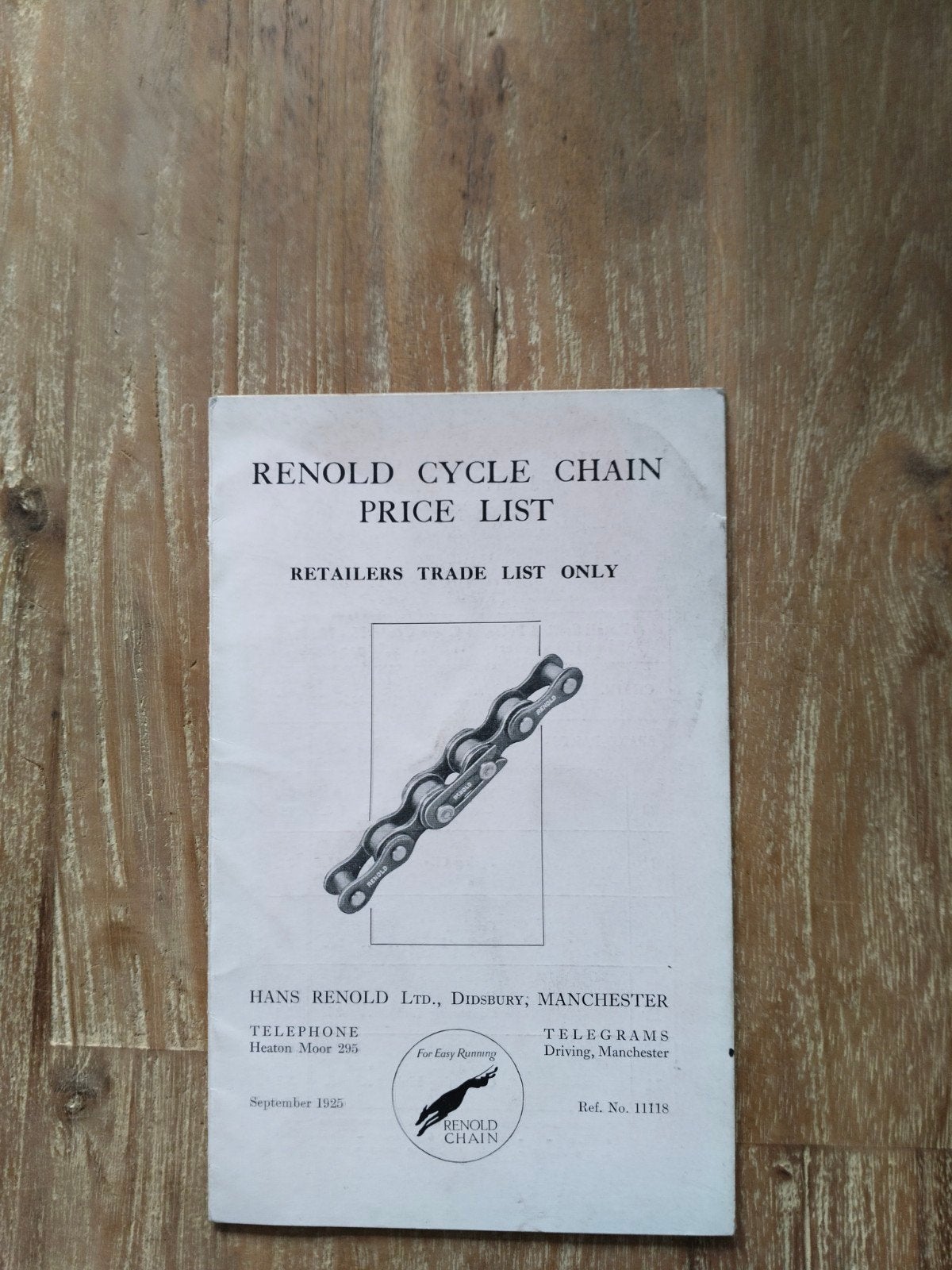 Renold Cycle Chain Prijslijst - September 1925, Fietsen en Brommers, Verzenden, Gebruikt