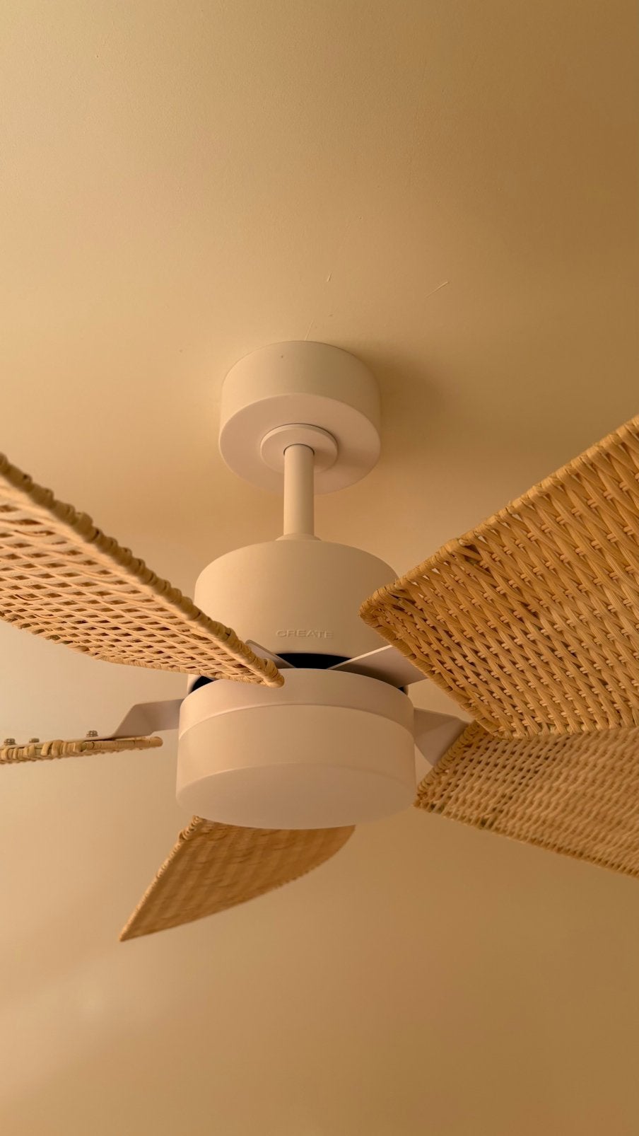 Rotan plafondventilator met lamp, Witgoed en Apparatuur, Ventilatoren, Ophalen of Verzenden, Zo goed als nieuw, Plafondventilator