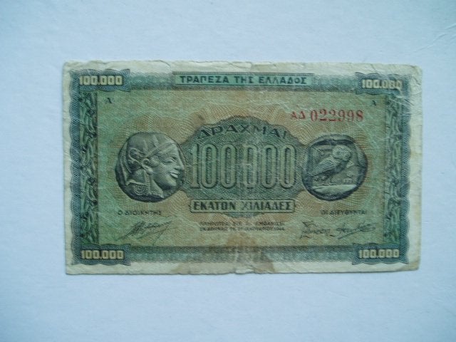 1214. Griekenland, 100.000 drachmai 1944., Postzegels en Munten, Bankbiljetten | Europa | Niet-Eurobiljetten, Verzenden, Overige landen
