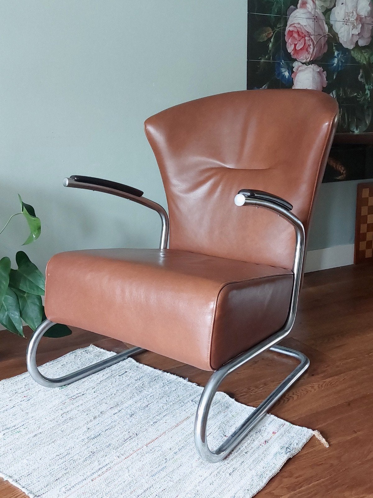 Gispenstijl fauteuil bruin leer en chroom frame, Ophalen, Gebruikt, Hout, 50 tot 75 cm