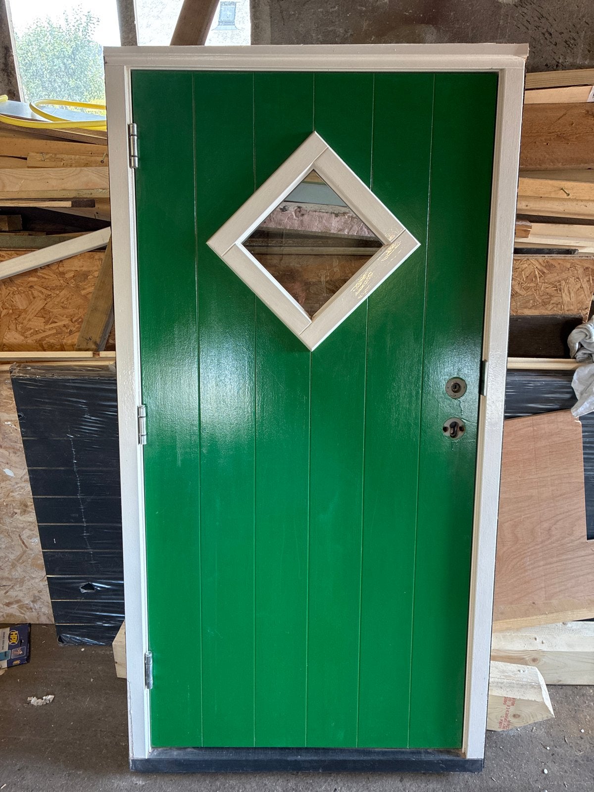 Groene houten buitendeur met ruitje en kozijn, Doe-het-zelf en Verbouw, Deuren en Horren, Ophalen, Gebruikt, 80 tot 100 cm, Minder dan 200 cm