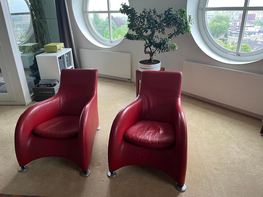 2 Montis loge fauteuils rood leer, Ophalen, Gebruikt, 100 tot 125 cm, Leer