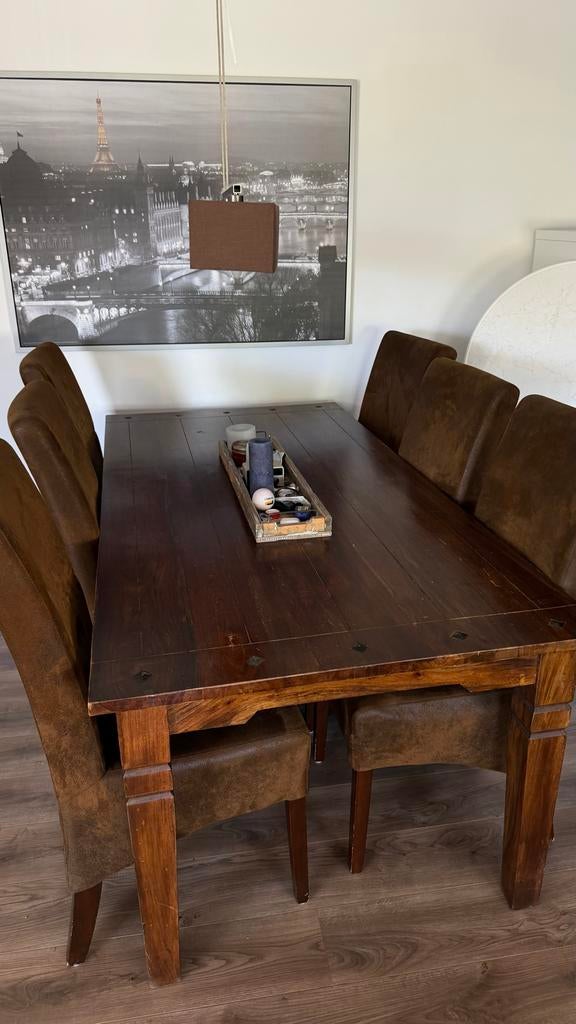 Eettafel met 6 stoelen - Massief hout, Huis en Inrichting, Complete eetkamers, Ophalen, Gebruikt, 4 tot 6 stoelen