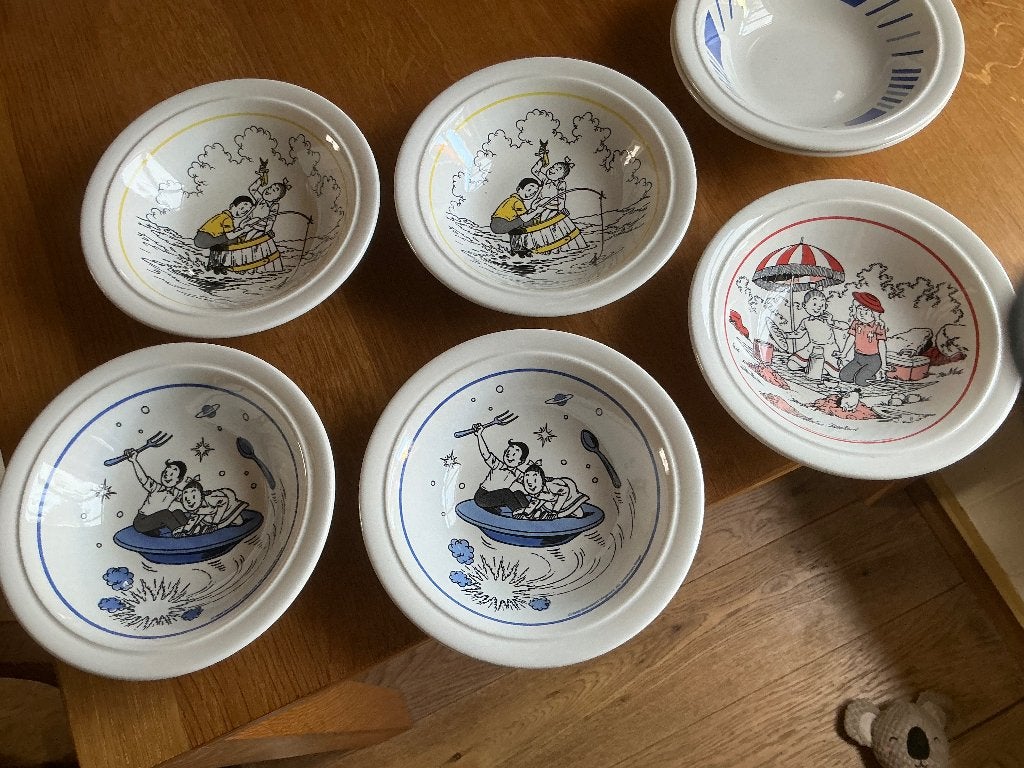 Suske en Wiske servies - 5 schaaltjes en 1 bordje., Vintage, Ophalen of Verzenden, Albert Heijn, Aardewerk