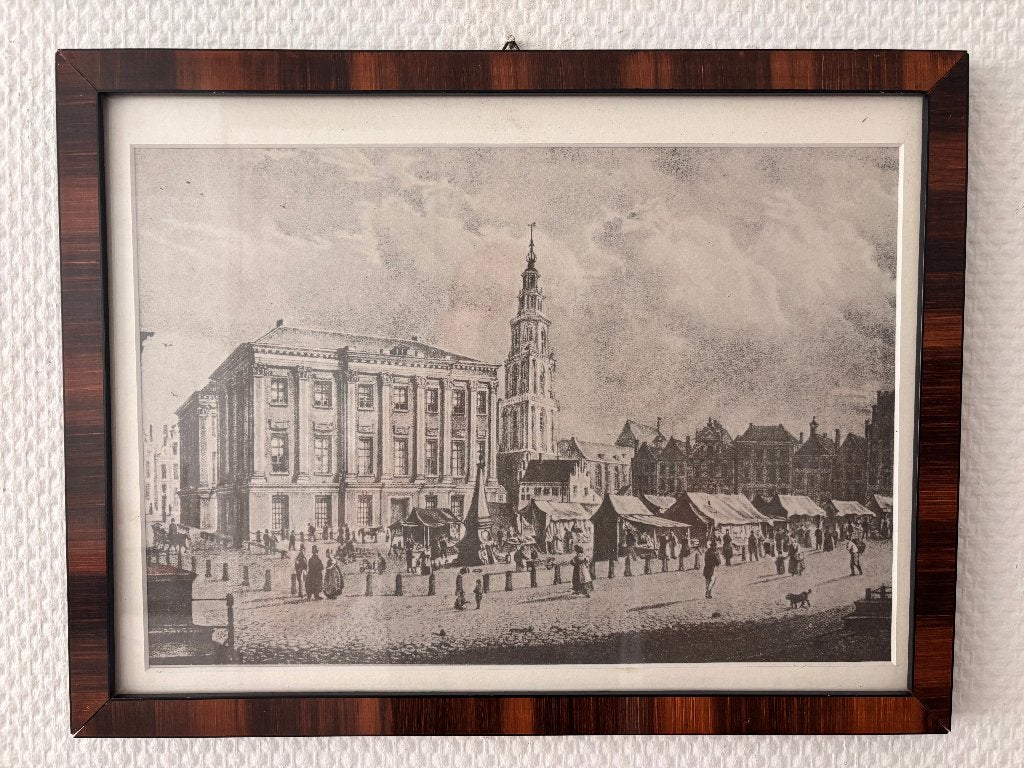 Oude prent Grote Markt Groningen, Martinitoren en stadhuis., Antiek en Kunst, 33 cm, Ingelijst, Overige technieken, 43 cm