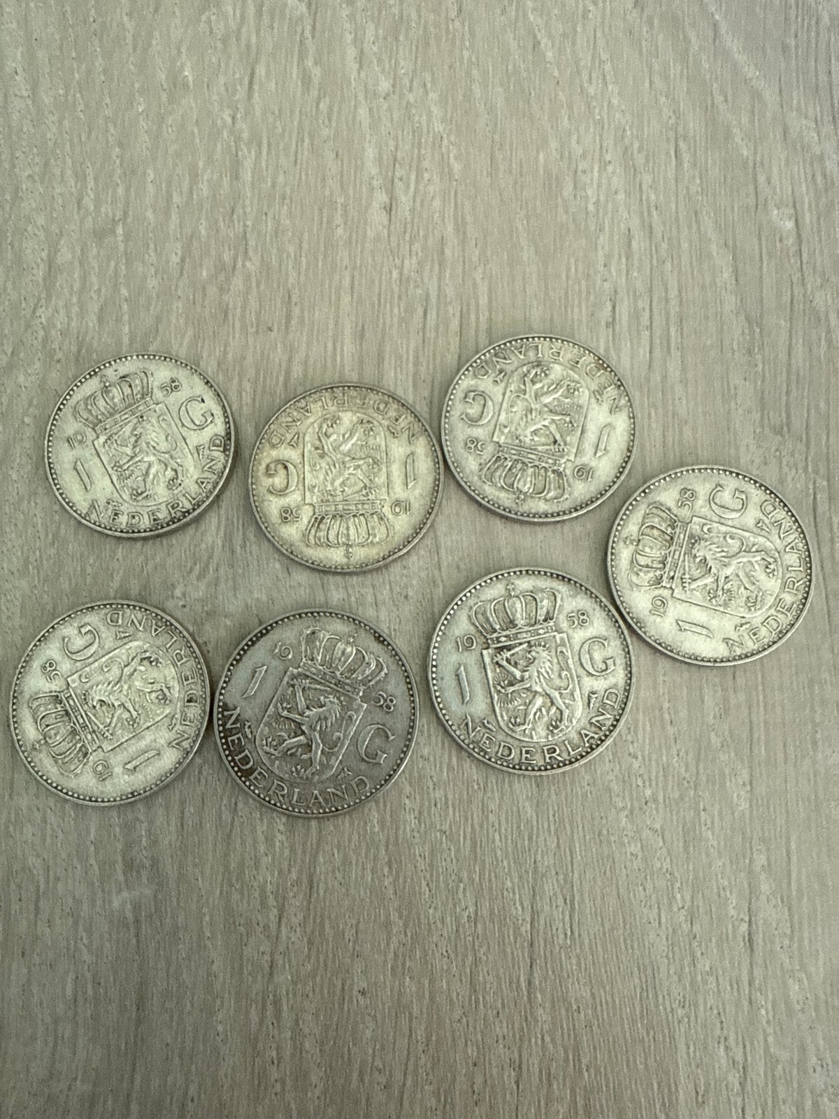 7x Zilveren Nederlandse Guldens  1958, 1 gulden, Koningin Juliana, Zilver, Ophalen of Verzenden