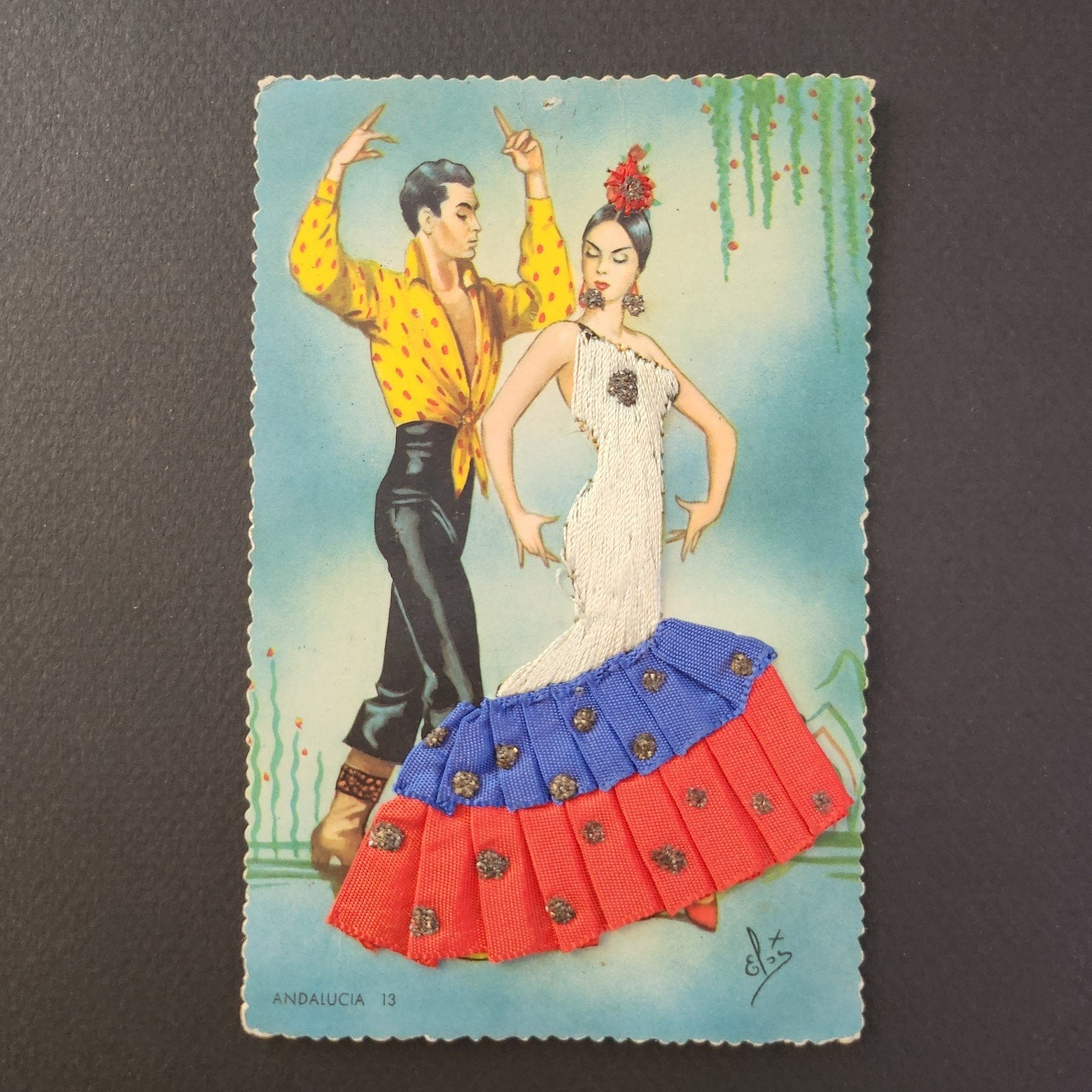 Vintage Spaanse Flamenco Dansers Ansichtkaart met Stof, Ophalen of Verzenden, 1940 tot 1960, Ongelopen, Cultuur en Media