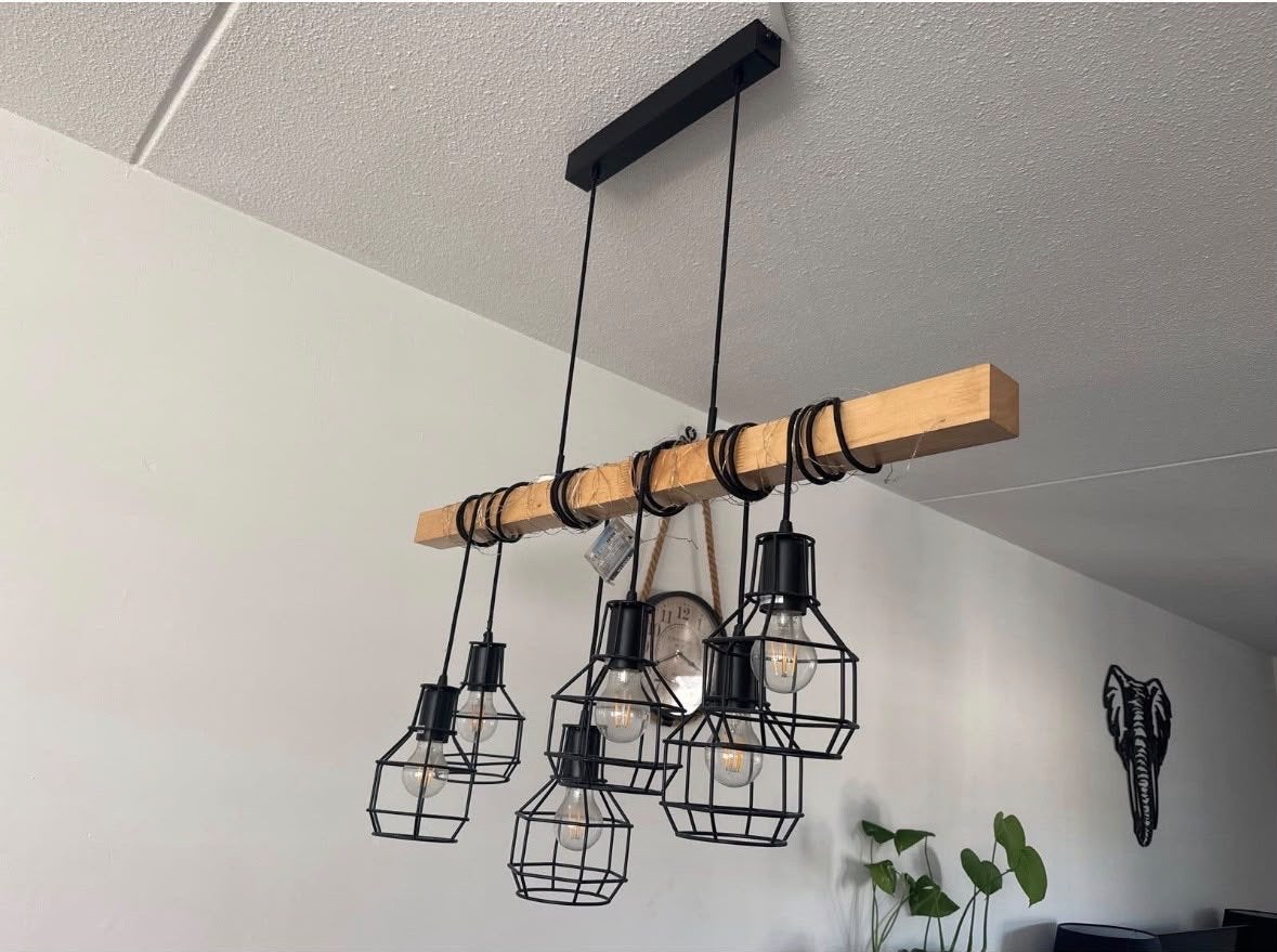 Industriële hanglamp met 5 kooilampen en houten balk, Ophalen, Gebruikt, Hout, E27 (groot)
