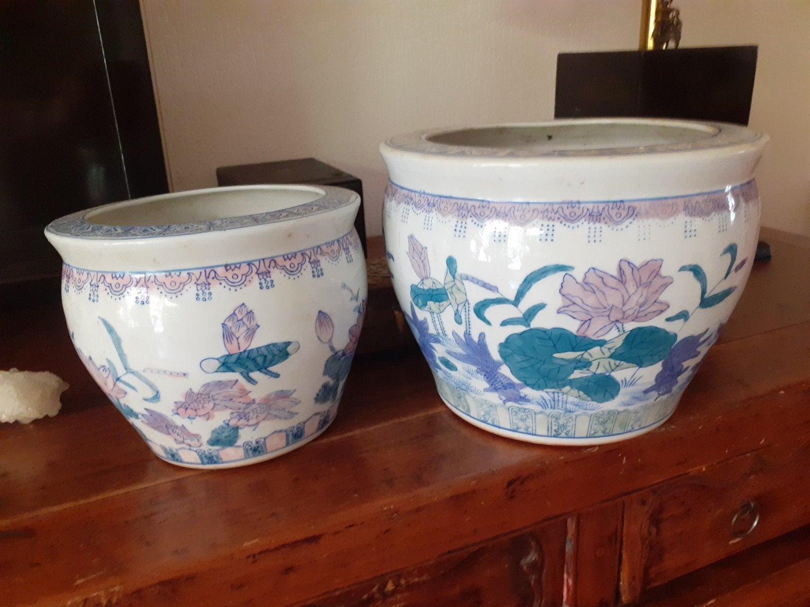 Twee Chinese bloempotten, Tuin en Terras, Bloempotten, Ophalen, Gebruikt, Rond, Aardewerk