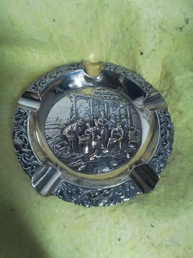 10142) mooie antieke verzilverde asbak met tafereel, Antiek en Kunst, Ophalen of Verzenden