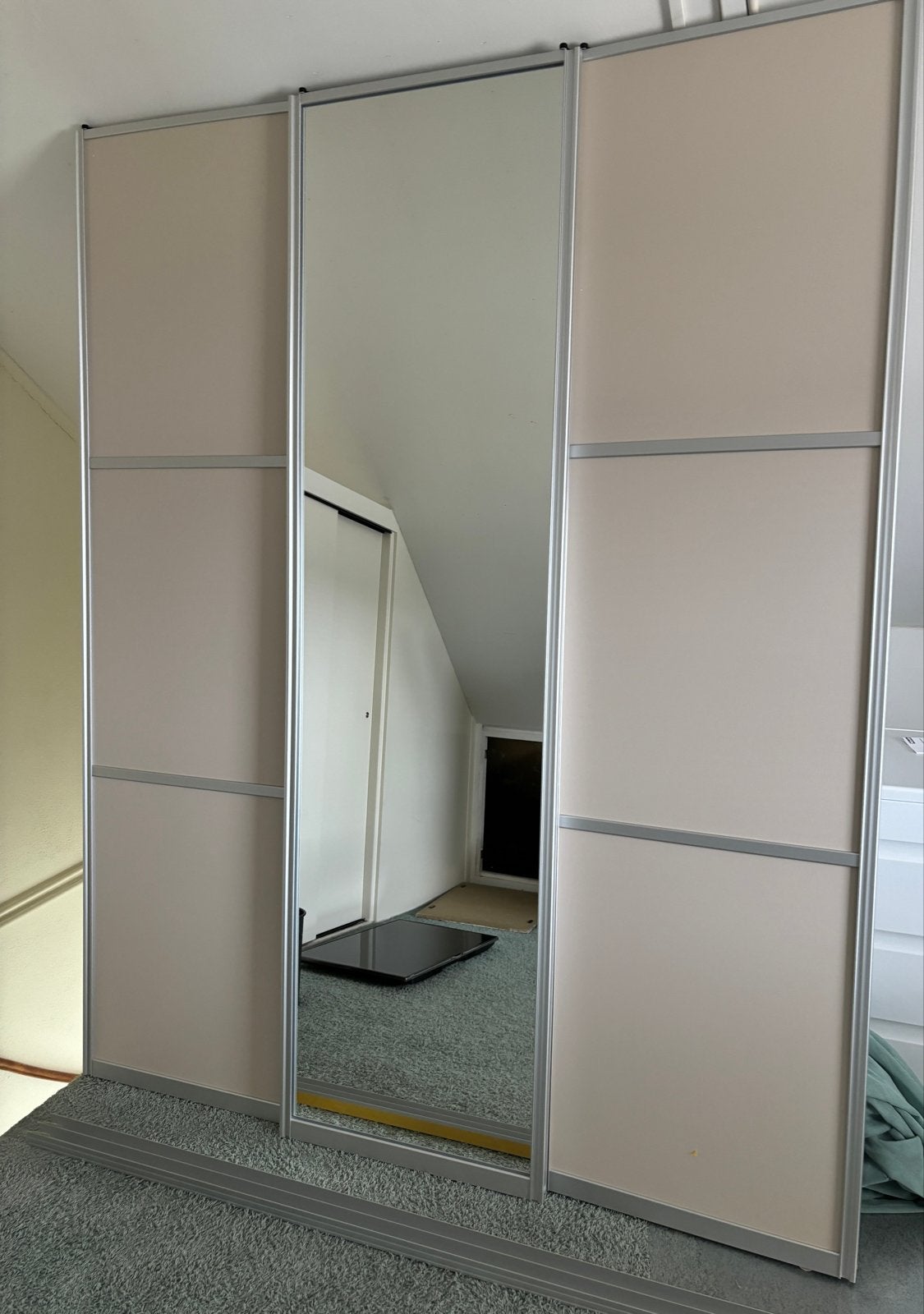 Schuifdeuren met spiegel en taupe panelen, Ophalen, Gebruikt, 215 cm of meer, Binnendeur