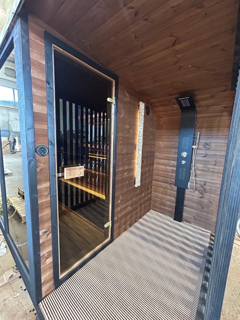 Quattrö 3 mtr. luxe thermohout panorama buitensauna + douche, Ophalen, Fins of Traditioneel, WellnessandGarden, Nieuw