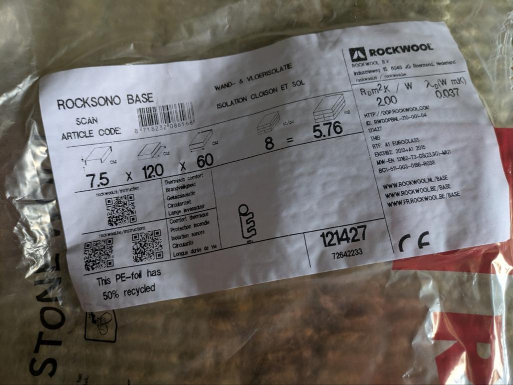 Rockwool Rocksono base 7,5 cm dik, 120x60cm, Doe-het-zelf en Verbouw, Isolatie en Afdichting, Ophalen, Steenwol, 4 tot 8 cm, Minder dan 5 m²