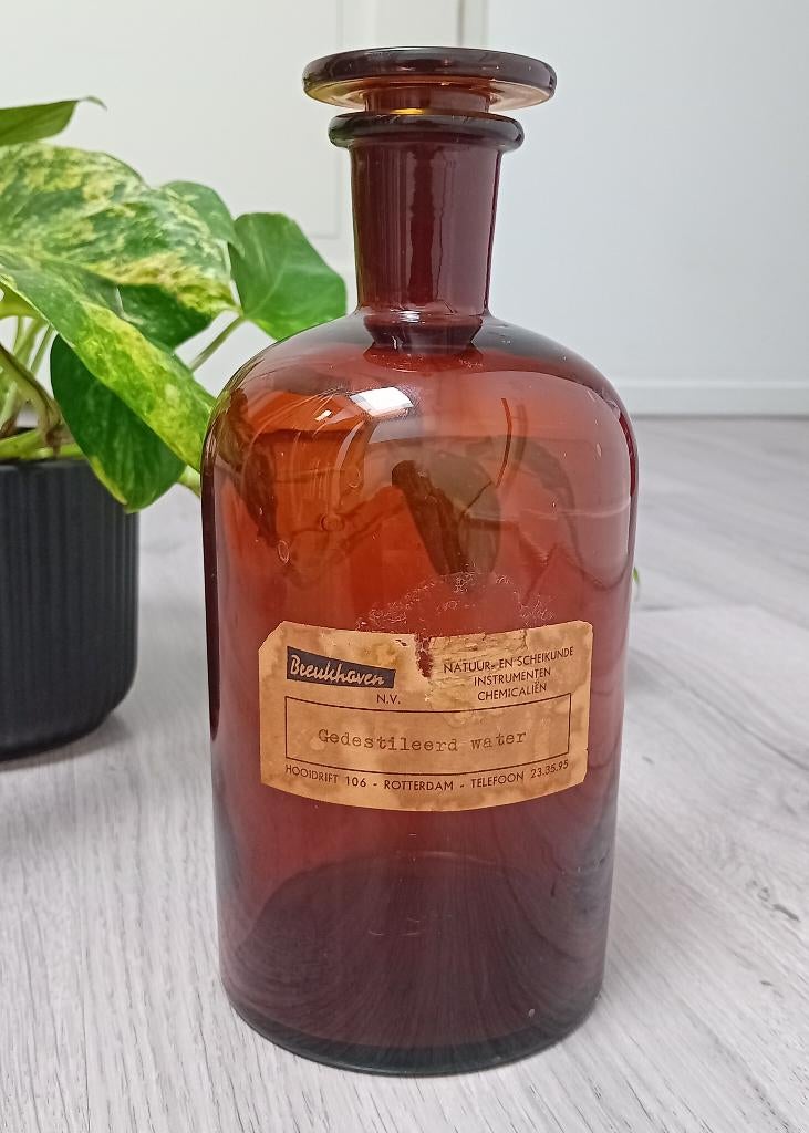 apothekersfles bruin glas incl. glazen stop, Ophalen of Verzenden