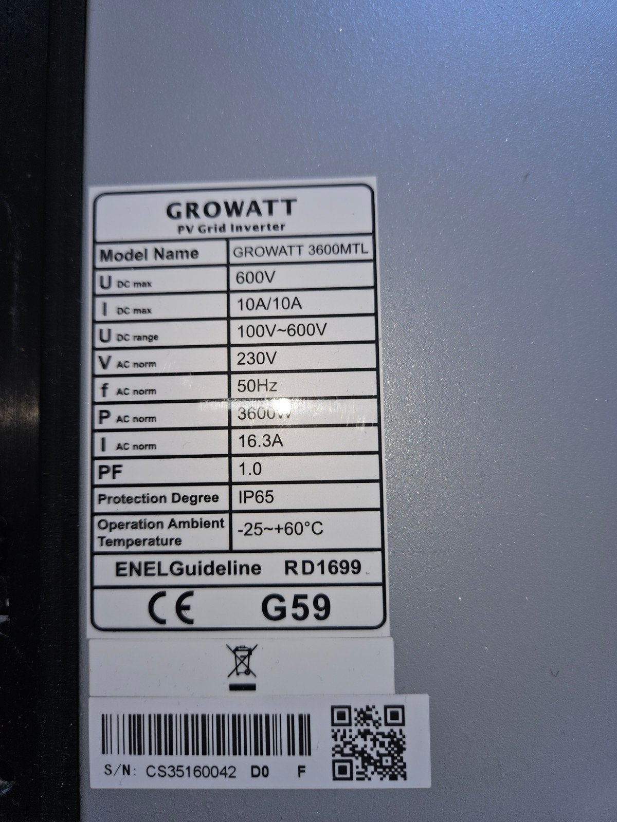 Growatt 3600MTL PV Grid Inverter voor zonnepanelen, Ophalen, Gebruikt, Overige typen, 200 wattpiek of meer