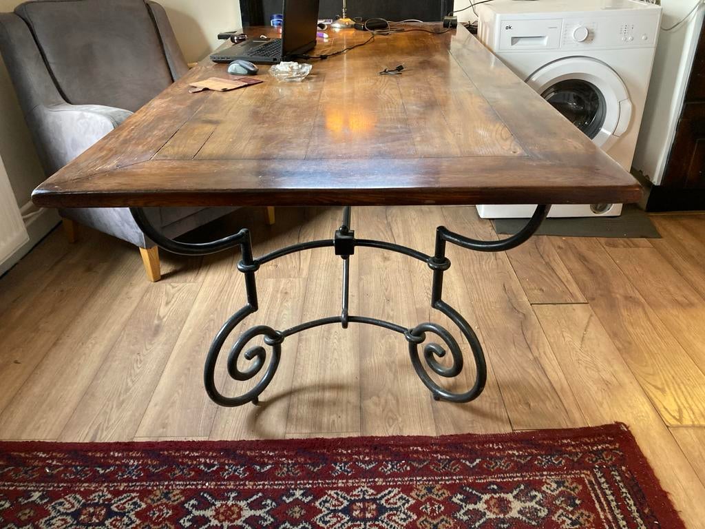 Robuuste Keukentafel / Eettafel met Smeedijzeren Onderstel, Gebruikt, 200 cm of meer, Vijf personen of meer, Rechthoekig