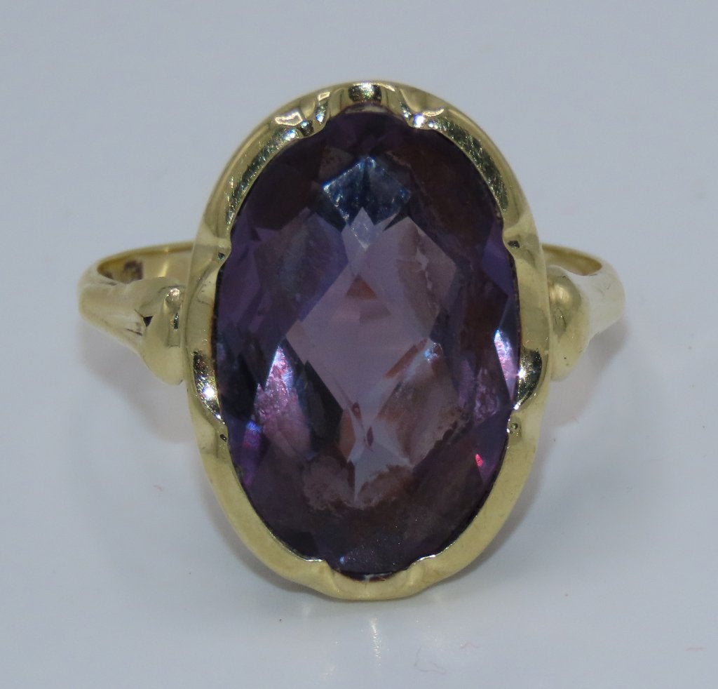 14K GOUDEN RING MET OVAAL GESLEPEN AMETHIST, Sieraden, Tassen en Uiterlijk, Antieke sieraden, Verzenden, Goud, Ring, Met edelsteen